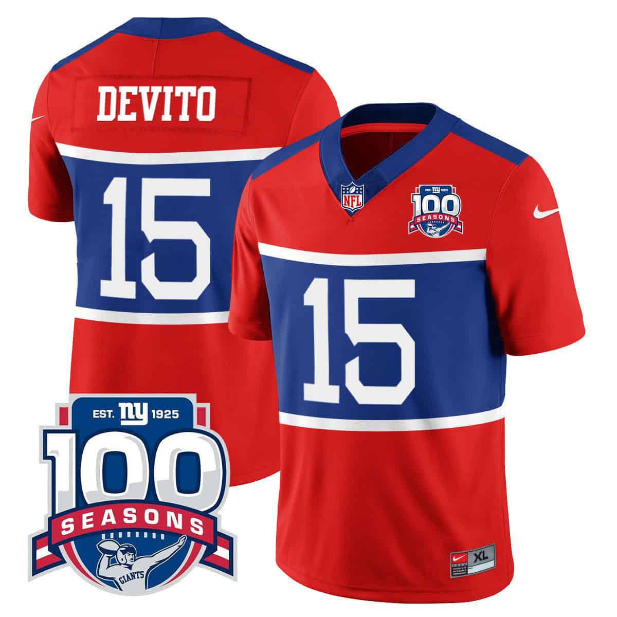 Men New York Giants #15 Devito 2024 Nike Century Red 100TH Season Commemorative Vapor NFL Jersey